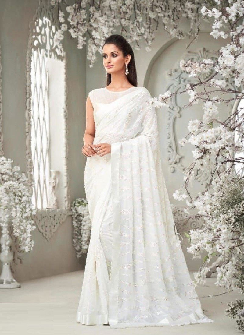 White Colour Hit Design TFH New Latest Party Wear Soft Georgette Saree Collection 6410